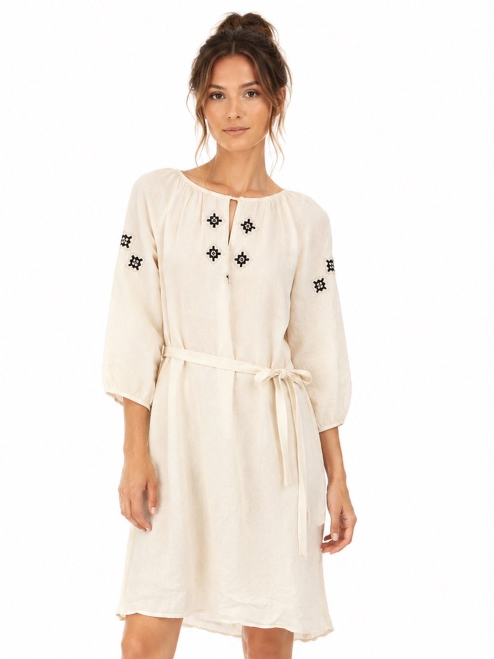 A.P.C. Linen blend Cream Embroidered Tie-Waist Midi Dress EUC